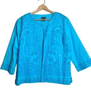 Multiples 1X Open Embroidered Blue Jacket Folk Detail Embellished Linen Rayon XL